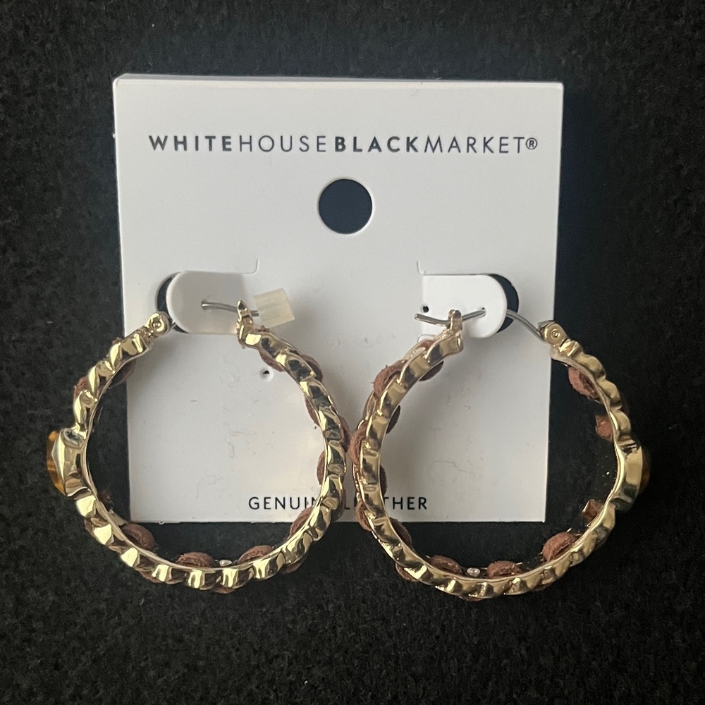 White House Black Market Gold and Brown link Hoop Earrings w/leather details
